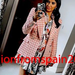 Zara DOUBLE BREASTED HOUNDSTOOTH TWEED TEXTURED WEAVE JACKET BLAZER PINK/White